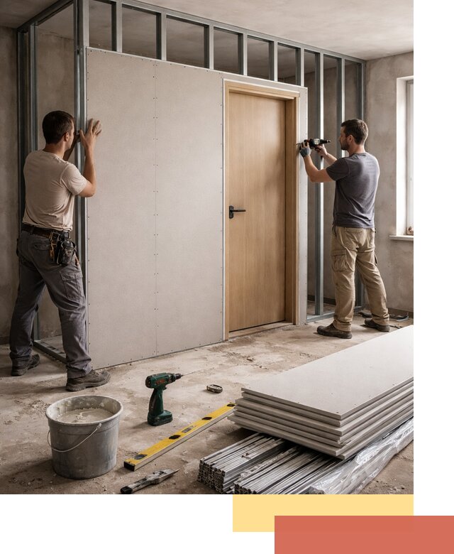 Перегородка из гипсокартона с дверью под ключ в Норильске