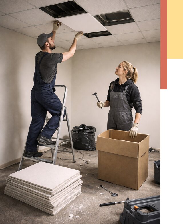 Демонтаж потолочной плитки в Норильске от 4673 руб. быстро и недорого | ОТДЕЛОЧНИК-Нрл