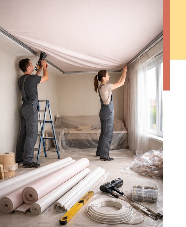 Монтаж цветного натяжного потолка в Норильске от 4362 руб/м² — быстро и недорого | ОТДЕЛОЧНИК-Нрл