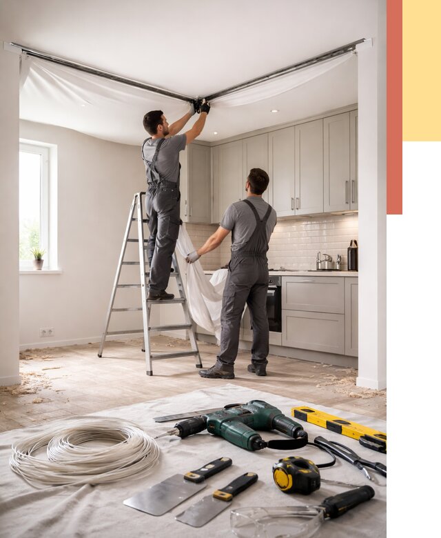 Установка натяжного потолка на кухне в Норильске от 2492 руб. | ОТДЕЛОЧНИК-Нрл