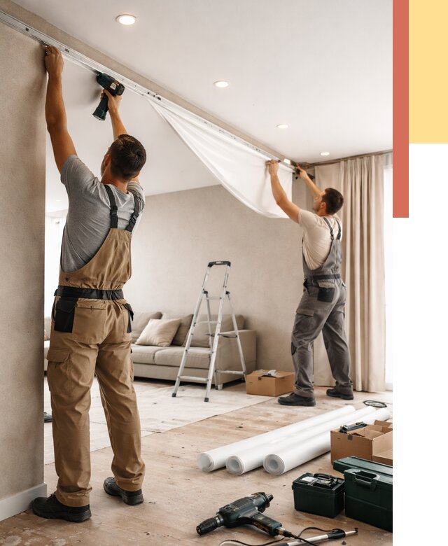 Монтаж натяжного потолка в гостиной в Норильске от 571 руб. | ОТДЕЛОЧНИК-Нрл