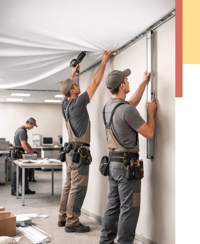 Монтаж натяжного потолка в офисе в Норильске от 467 руб/м² — быстро и недорого | ОТДЕЛОЧНИК-Нрл