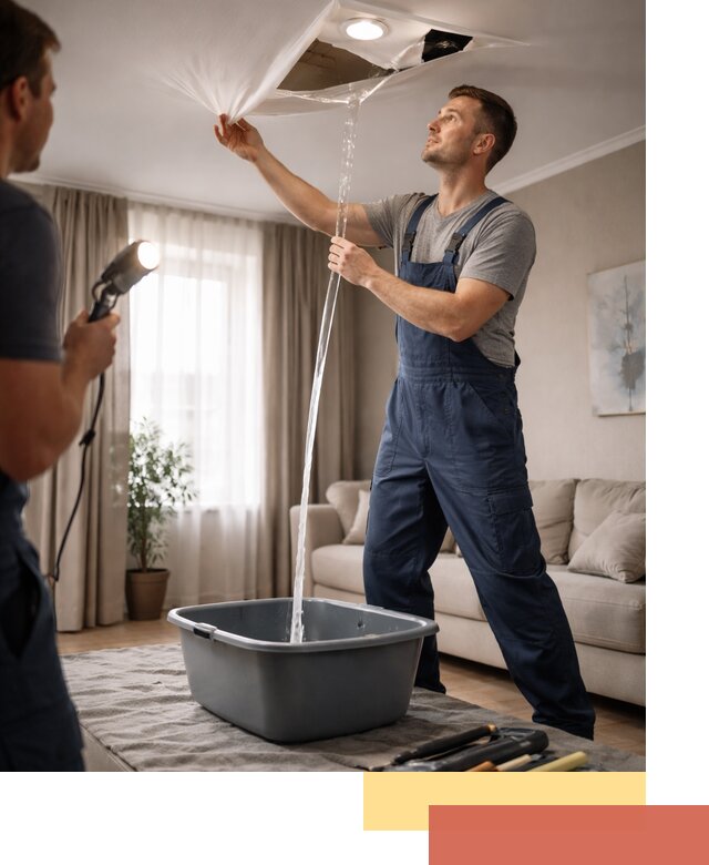 Слив воды с натяжного потолка в Норильске быстро и аккуратно