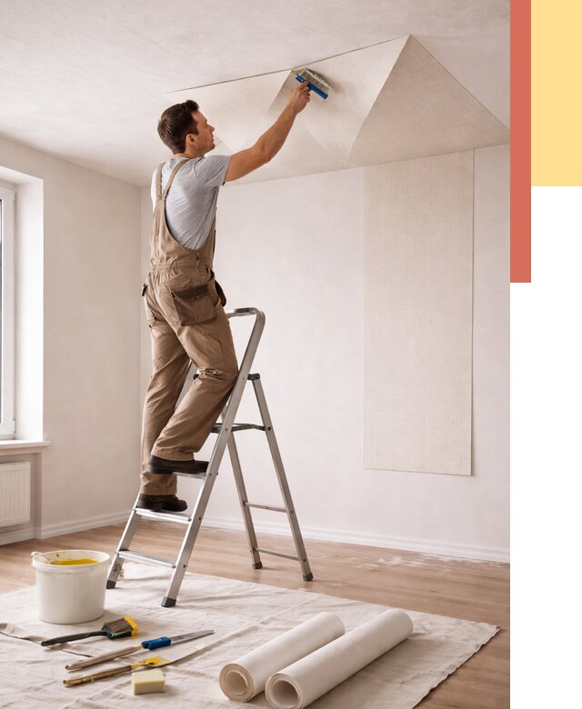 Поклейка обоев на потолок в Норильске от 4673 руб. быстро и недорого | ОТДЕЛОЧНИК-Нрл